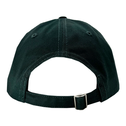 A black "Hiero Logo Dad Hat" by Hieroglyphics, shown from the rear, features a curved brim, adjustable strap with a metal buckle, an opening above the strap, and visible stitching lines for added detail.