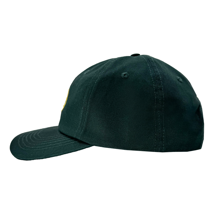 Side view of the Hiero Logo Dad Hat in dark green by Hieroglyphics, featuring a curved brim and a yellow hieroglyphic emblem on the front left panel. It has crown stitching and an adjustable back strap, maintaining a simple and classic design.