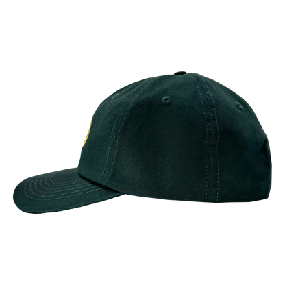 Side view of the Hiero Logo Dad Hat in dark green by Hieroglyphics, featuring a curved brim and a yellow hieroglyphic emblem on the front left panel. It has crown stitching and an adjustable back strap, maintaining a simple and classic design.