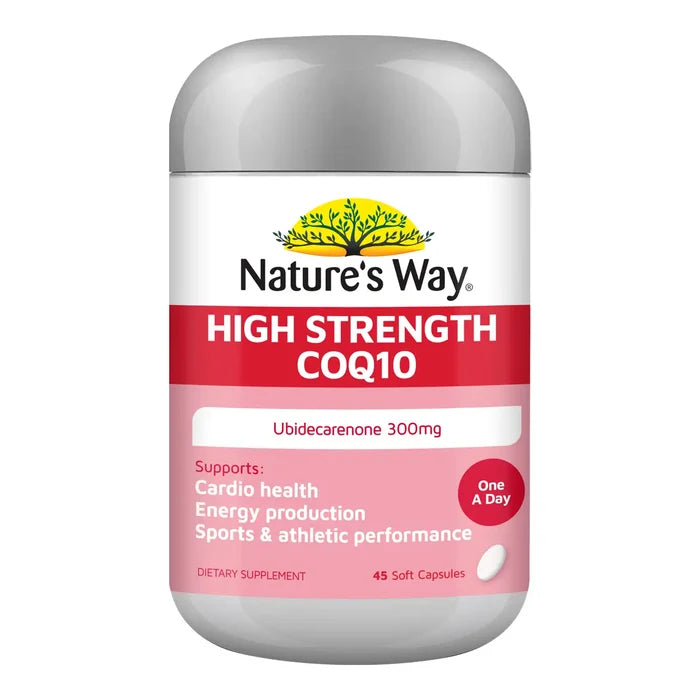 Nature's Way High Strength CoQ10 dietary supplement bottle with a white, pink, and red label and a gray cap.
