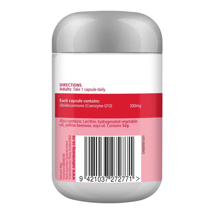 A white plastic supplement bottle with a gray cap, showing the back of the label with red and pink sections.