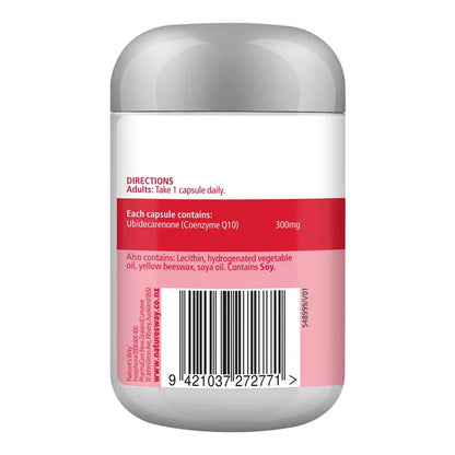 A white plastic supplement bottle with a gray cap, showing the back of the label with red and pink sections.