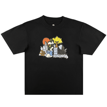 The Oaklandish Highroller Tee is a men's black t-shirt with a cartoon blue cat ninja, yellow hair, red sun, and brick wall on a stone path. Made from heavy-weight cotton, this classic fit tee offers lasting comfort and durability.