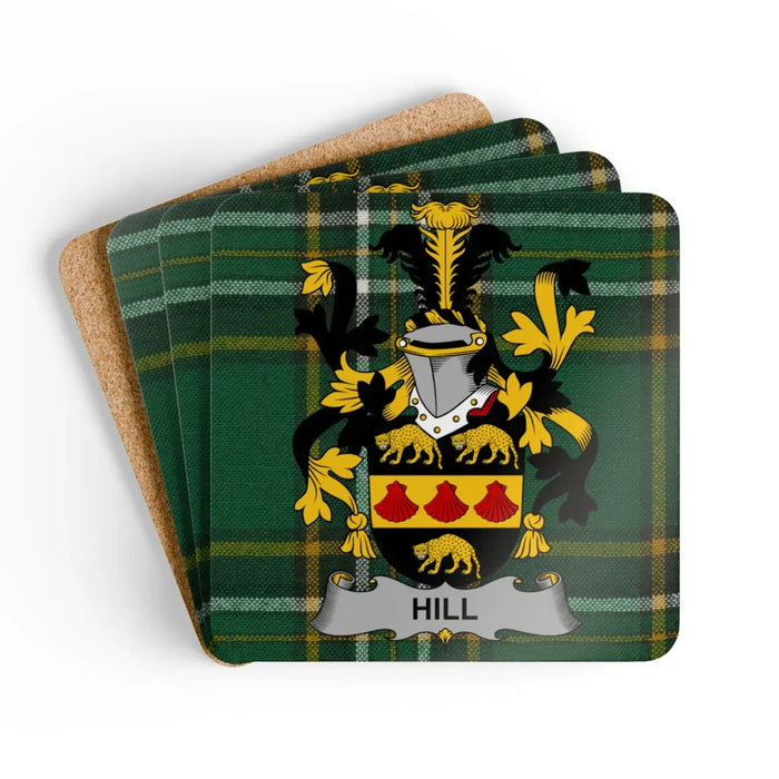 Hill Family Crest on Green Plaid Background Coaster