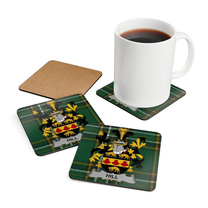 Hill Family Crest Green Plaid Coaster Set
