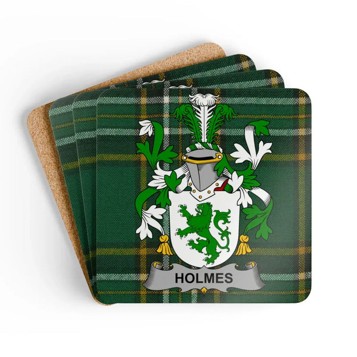 Green Plaid Holmes Family Crest Coaster Set