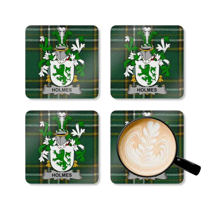 Green Holmes Crest Tartan Plaid Coasters Set