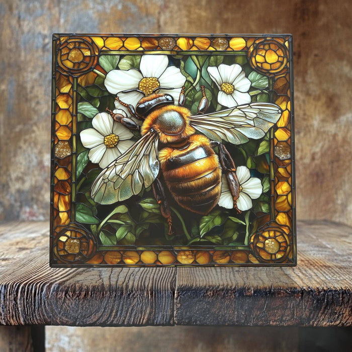 Honeybee and Wildflowers Porcelain Tile – Stained Glass-Style Nature Art