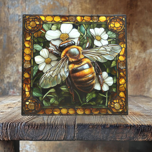 Honeybee and Wildflowers Porcelain Tile – Stained Glass-Style Nature Art