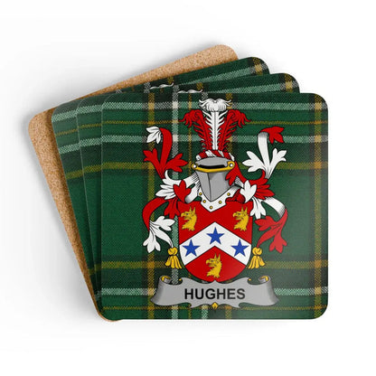 Hughes family crest coaster on Irish National Tartan