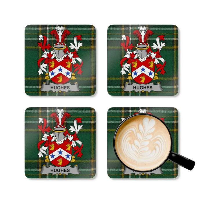 Hughes Irish family crest tartan coaster set