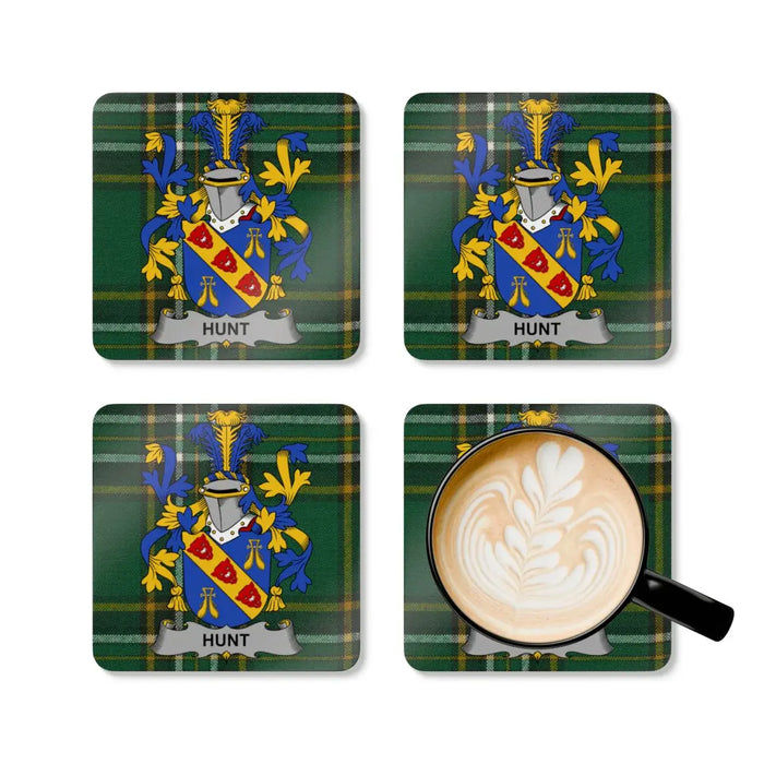 Hunt Family Tartan Coat of Arms Coasters