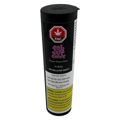 Tall front-facing black tube labeled HyperNova Haze PR 5 x 0.5 g with a red THC octagon, purple logo, and yellow warning panel.
