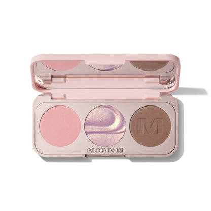 {Tulle Order} Morphe ChromaPlus Eyeshadow Trio in Tulle Order open compact in blush pink case with three round pans – matte soft pink, metallic iridescent pink duochrome shimmer, and matte warm brown eyeshadow