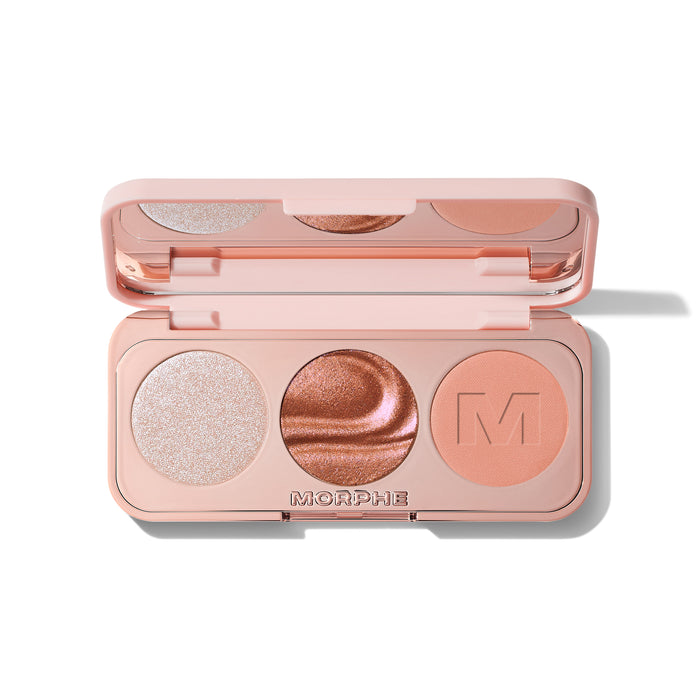 {Dream Sequins} Morphe ChromaPlus Eyeshadow Trio in Dream Sequins open compact in blush peach case with three round pans – metallic pearl shimmer, metallic copper bronze shimmer, and matte peach coral eyeshadow