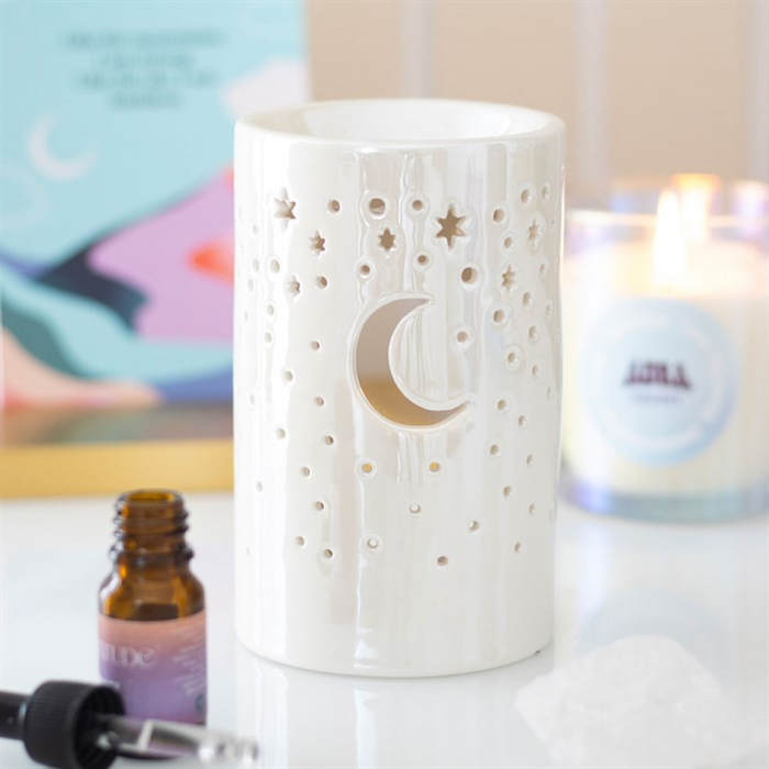 Iridescent White Moon Pillar Oil Burner and Wax Warmer 🇬🇧