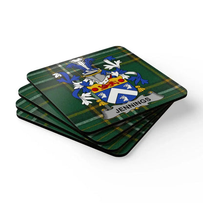 Jennings Family Crest Green Tartan Coaster Set