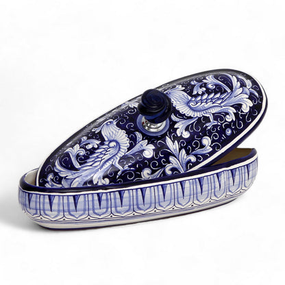 JEWERLY BOX: Authentic Deruta Keepsake Oval Box with Murano Knob - DERUTA FONDO BLU design