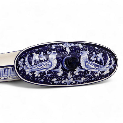 JEWERLY BOX: Authentic Deruta Keepsake Oval Box with Murano Knob - DERUTA FONDO BLU design