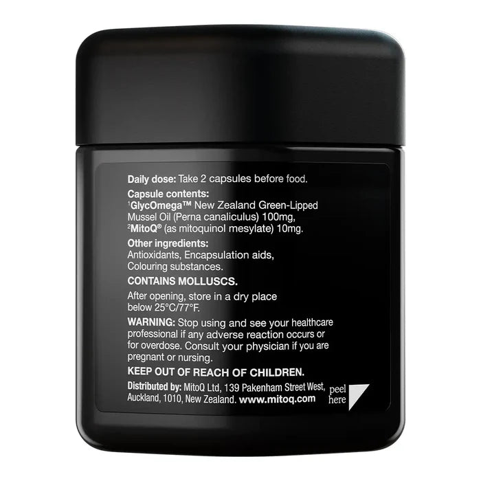 A black jar of MitoQ capsules shown from the back, displaying the white printed product information label.