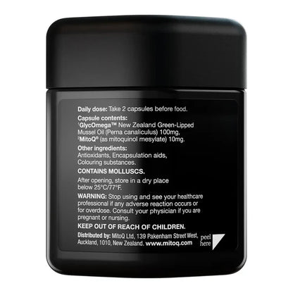 A black jar of MitoQ capsules shown from the back, displaying the white printed product information label.