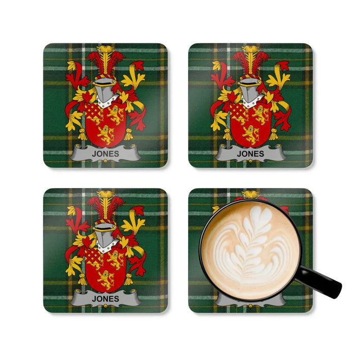 Jones Irish surname tartan coaster with crest-style emblem