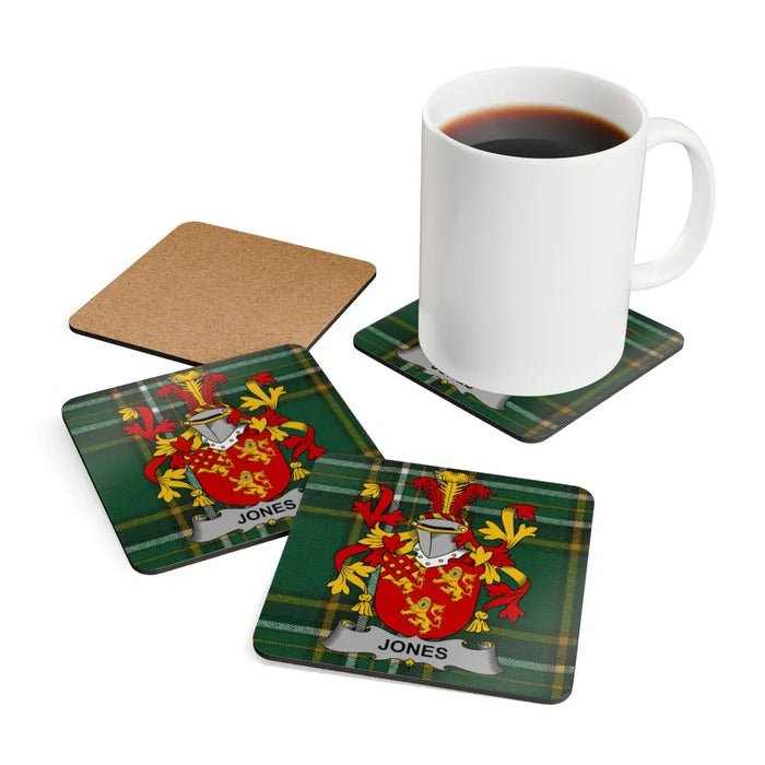 Jones Coat of Arms Design Green Tartan Coaster