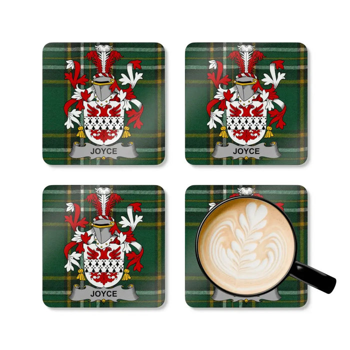 Joyce Irish family crest cork-backed coasters with the Irish National Tartan design
