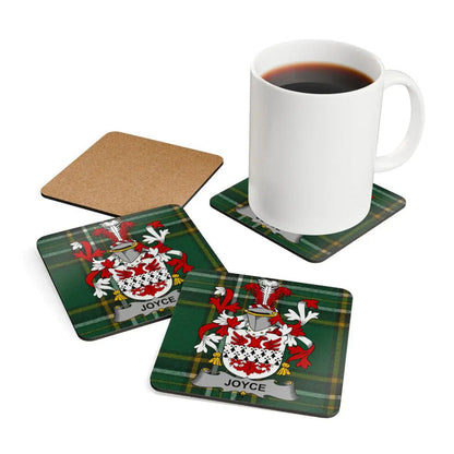 Set of Joyce family crest coasters with the Irish National Tartan design