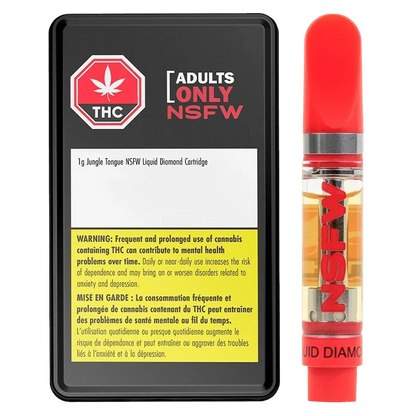 Close-up of the Jungle Tongue NSFW Liquid Diamond Vape Cartridge 1 g showing the cartridge upright with red mouthpiece and clear oil chamber beside its black warning-labeled tin.