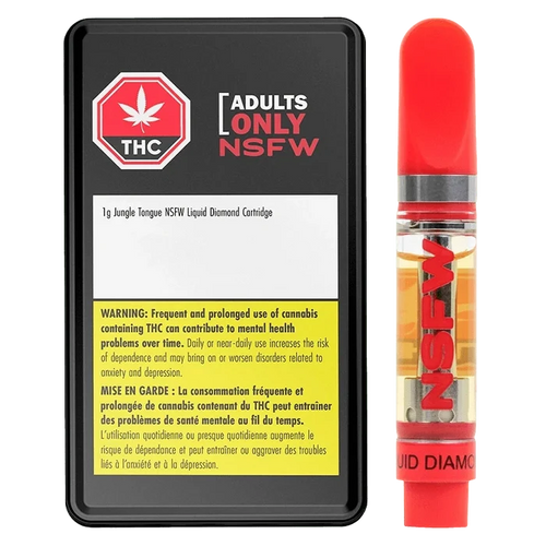 Close-up of the Jungle Tongue NSFW Liquid Diamond Vape Cartridge 1 g showing the cartridge upright with red mouthpiece and clear oil chamber beside its black warning-labeled tin.