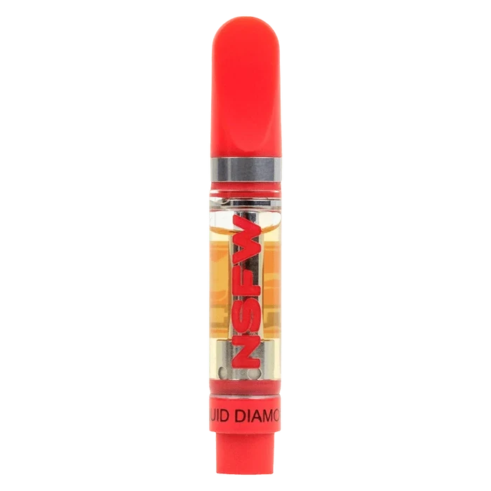 Centered vertical product shot of the Jungle Tongue NSFW Liquid Diamond Vape Cartridge showing its red mouthpiece, clear oil chamber with golden liquid, and bold red branding.