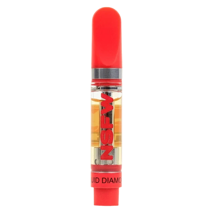 Centered vertical product shot of the Jungle Tongue NSFW Liquid Diamond Vape Cartridge showing its red mouthpiece, clear oil chamber with golden liquid, and bold red branding.