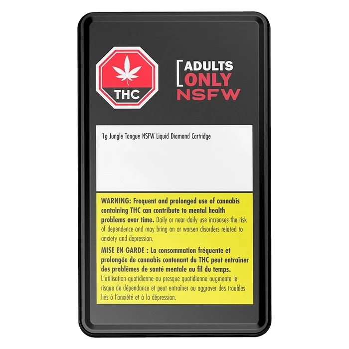 Top-down view of the black packaging showing bold "ADULTS ONLY NSFW" text and the Jungle Tongue NSFW Liquid Diamond Vape Cartridge label.
