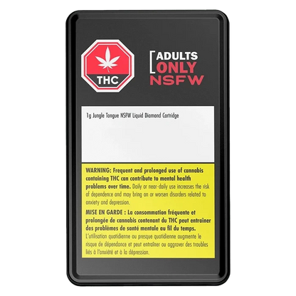 Top-down view of the black packaging showing bold "ADULTS ONLY NSFW" text and the Jungle Tongue NSFW Liquid Diamond Vape Cartridge label.