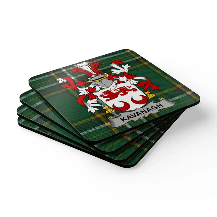 Kavanagh Family Coat of Arms on Green Plaid Coasters