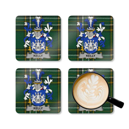 Kelly Family Crest and Tartan Plaid Coaster 4 Pack
