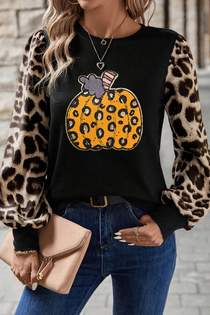Khaki Leopard Sleeve Pumpkin Print Graphic Knit Top 🇺🇸