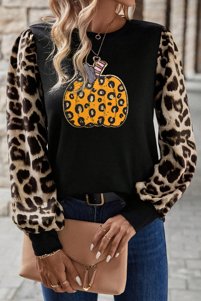 Khaki Leopard Sleeve Pumpkin Print Graphic Knit Top 🇺🇸