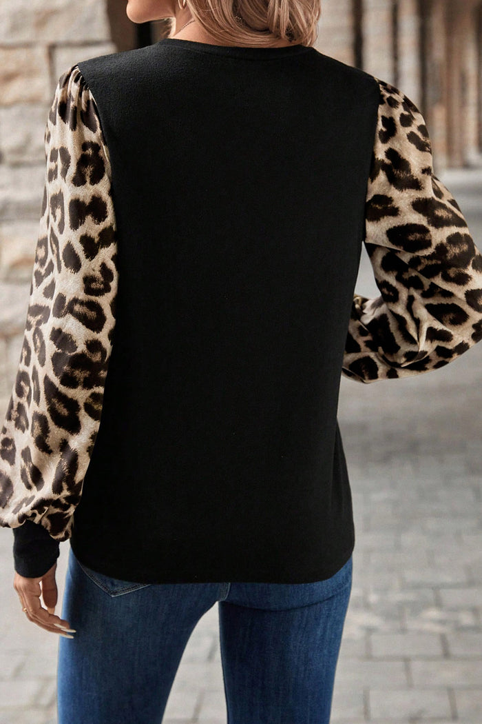 Khaki Leopard Sleeve Pumpkin Print Graphic Knit Top 🇺🇸