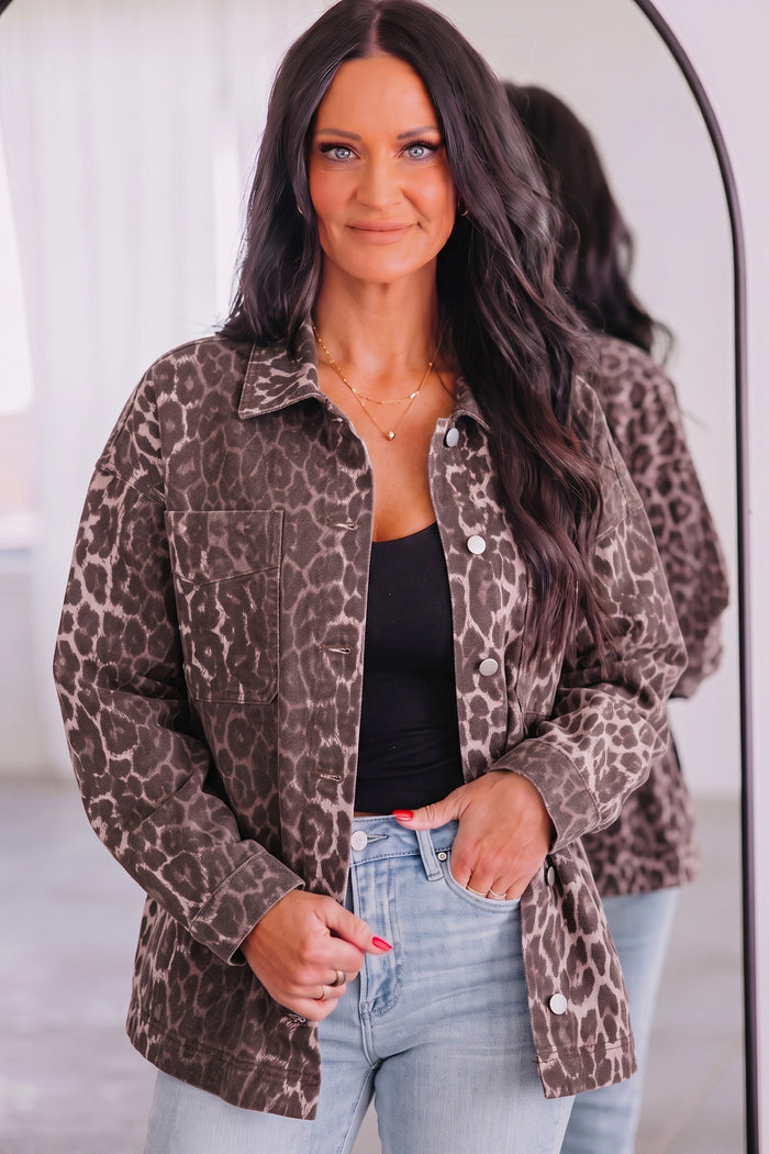 Khaki Oversized Leopard Print Long Sleeve Patch Pocket Denim Jacket 🇺🇸