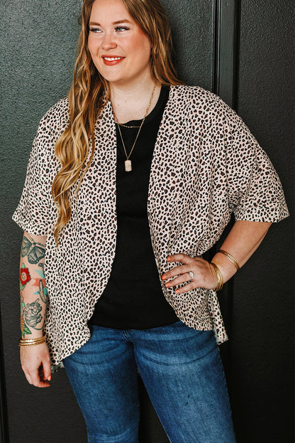 Khaki Plus Size Leopard Print Half Sleeve Open Front Cardigan  🇺🇸