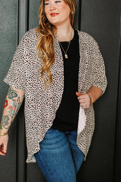 Khaki Plus Size Leopard Print Half Sleeve Open Front Cardigan  🇺🇸