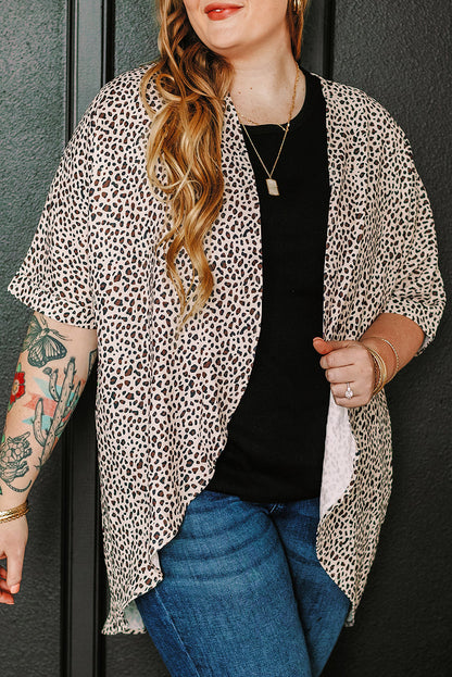 Khaki Plus Size Leopard Print Half Sleeve Open Front Cardigan  🇺🇸