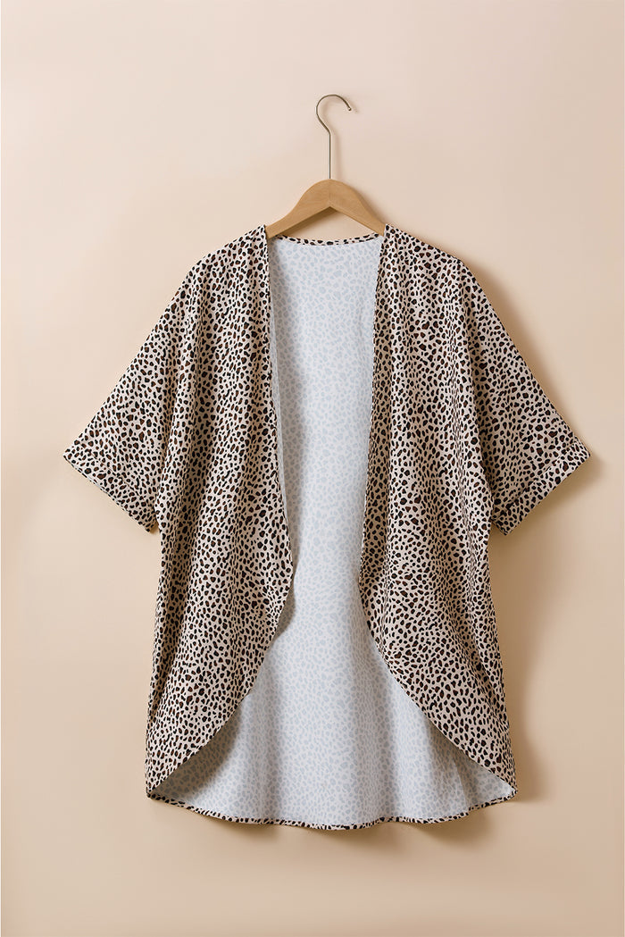 Khaki Plus Size Leopard Print Half Sleeve Open Front Cardigan  🇺🇸
