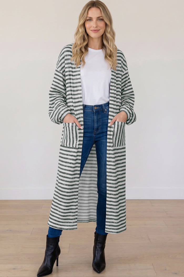 Khaki Stripe Long Puff Sleeve Open Front Oversized Long Cardigan 🇺🇸
