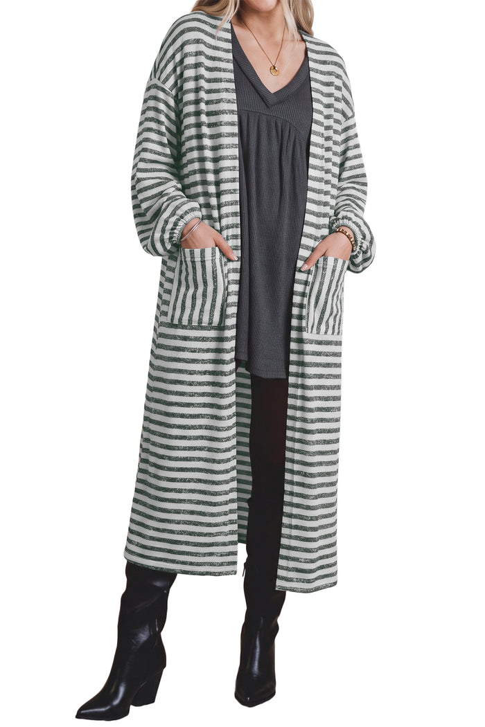 Khaki Stripe Long Puff Sleeve Open Front Oversized Long Cardigan 🇺🇸
