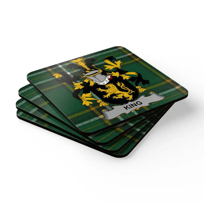 Elegant Green Tartan King Family Crest Coasters