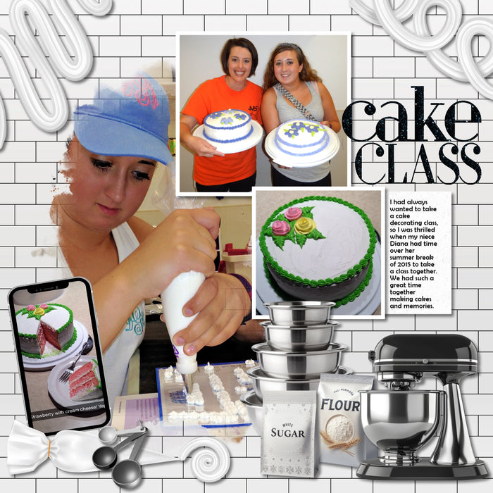 Showcase your favorite food, meals, restaurants, recipes, kitchen, and cookbook favorites with these realistic digital scrapbooking baking embellishments by Lucky Girl Creative digital art. Great for the chef, baker, cook, cooking, and family dinners. Embellishments include flour, sugar, bread pan, Bundt cake tin, cake stand, canister, chocolate bar, cookie cutter, cookie sheet, cupcake wrapper, ramekin dish, flour sifter, and more.