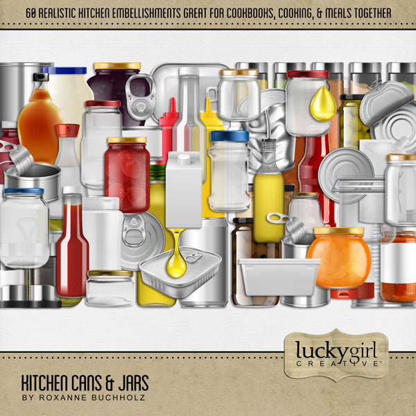 Showcase your favorite food, meals, restaurants, recipes, kitchen, and cookbook favorites with these realistic digital scrapbooking embellishments by Lucky Girl Creative digital art. Great for the chef, cook, cooking, and family dinners. Embellishments include can, cans, jar, jars, glass jars, plastic container, ketchup, mustard, mayo, tin can, jam, jelly, olives, pickles, peanut butter, olive oil, seasoning, spices, pasta sauce, and more.